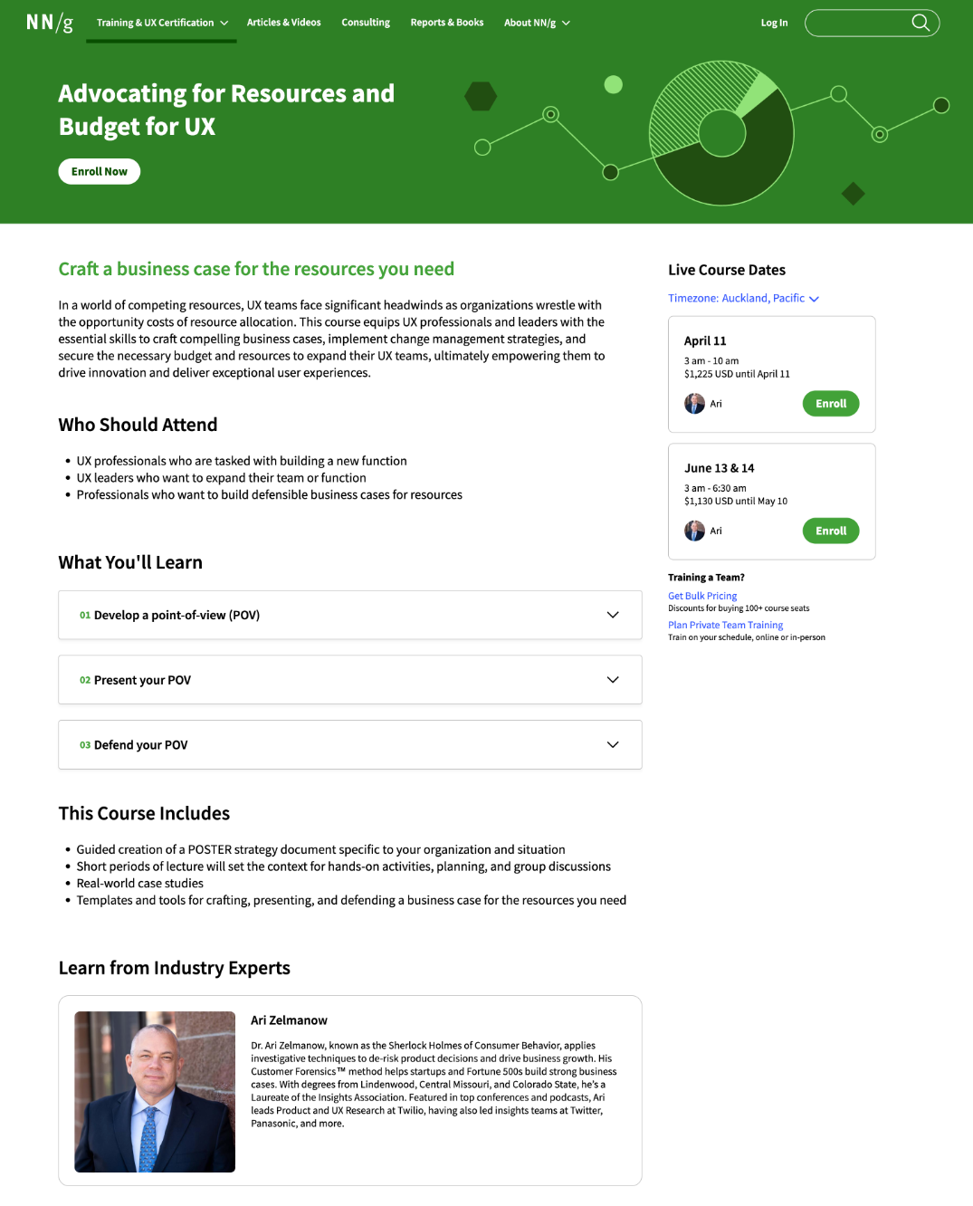 A course page presents the synopsis of a course, its possible instructors, and the planned next sessions. The main colour is the colour of the course speciality, green for management.